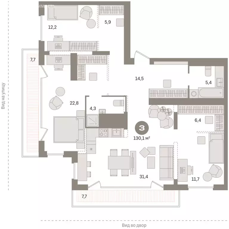 3-комнатная квартира: Тюмень, Краснооктябрьская улица, 4к1 (130.09 м) - Фото 2