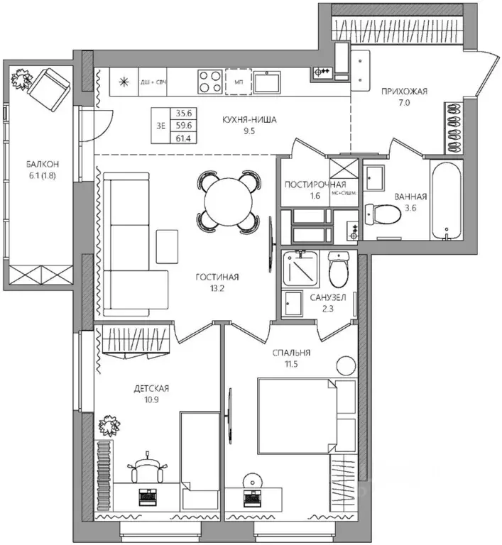 3-к кв. Пермский край, Пермь Батумская ул., 21 (61.4 м) - Фото 1