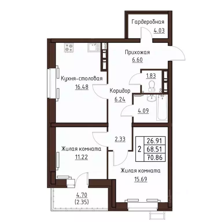 2-к кв. Орловская область, Орел ул. Левый Берег реки Оки, 21к1 (70.86 ... - Фото 1