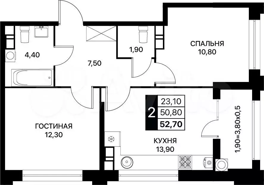 2-к. квартира, 52,7 м, 4/20 эт. - Фото 0