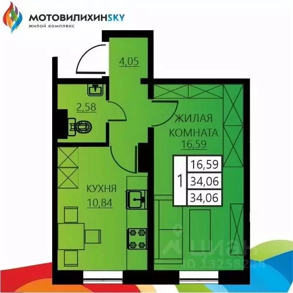 1-к кв. Пермский край, Пермь ул. Гашкова, 56к1 (34.06 м) - Фото 0