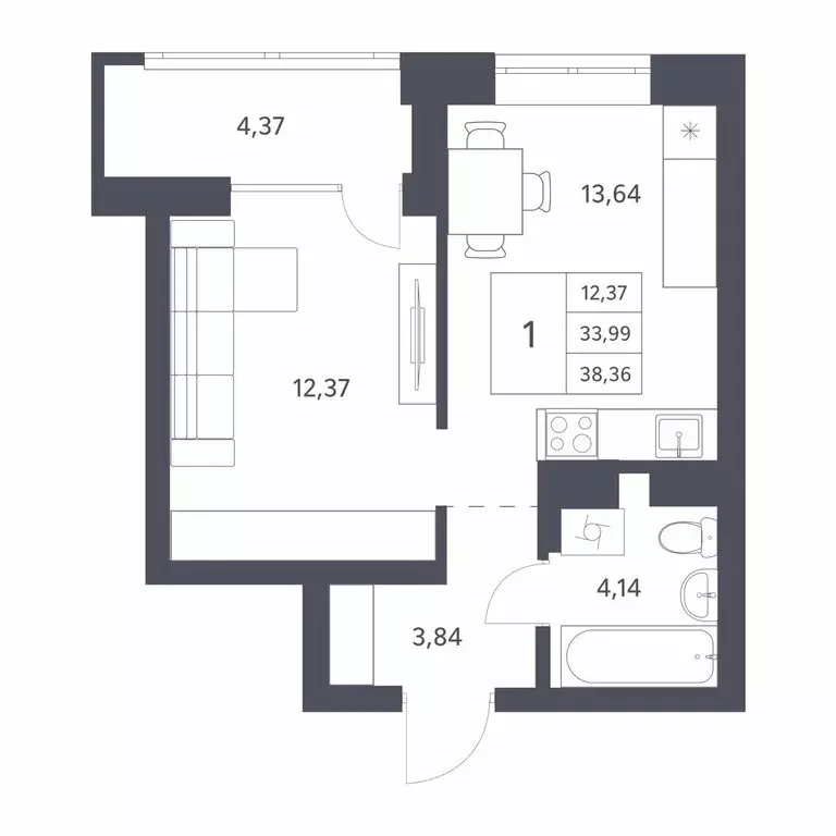 1-комнатная квартира: Новосибирск, улица Тюленина, 3 (33.99 м) - Фото 0