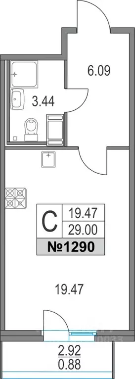 Студия Санкт-Петербург Богатырский просп., 2А (29.0 м) - Фото 0