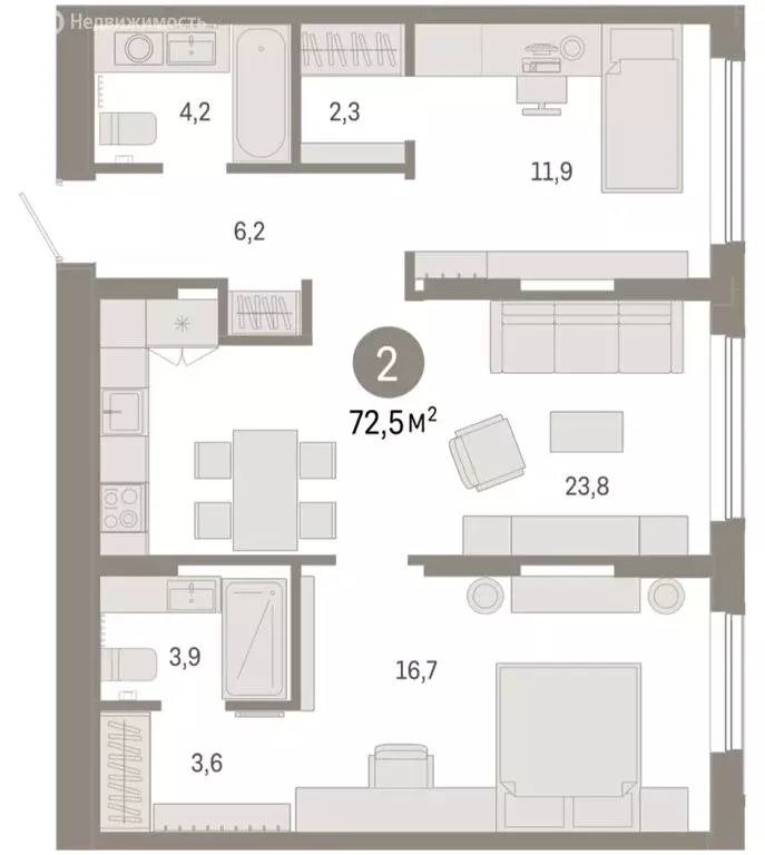 2-комнатная квартира: Тюмень, микрорайон ДОК, ЖК Октябрьский на Туре ... - Фото 2