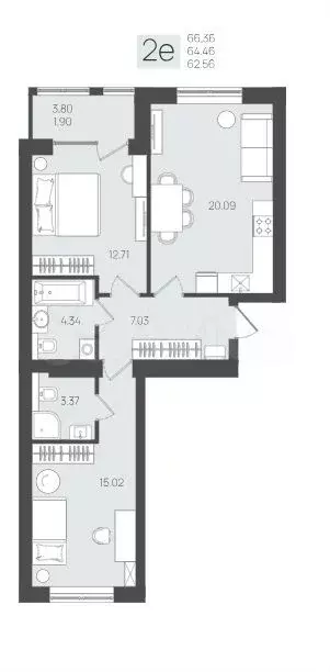 2-к. квартира, 64,5 м, 4/5 эт. - Фото 1