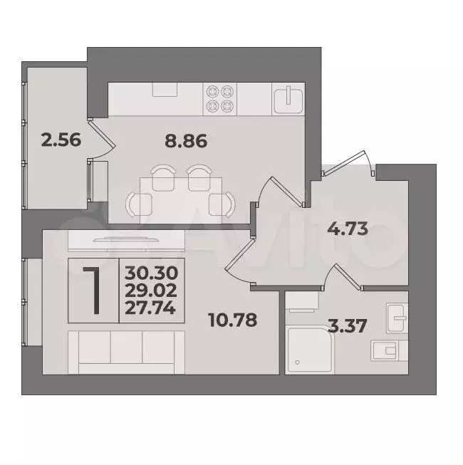 1-к. квартира, 29 м, 4/9 эт. - Фото 1