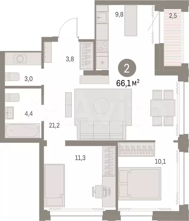 2-к. квартира, 65,7 м, 24/30 эт. - Фото 1