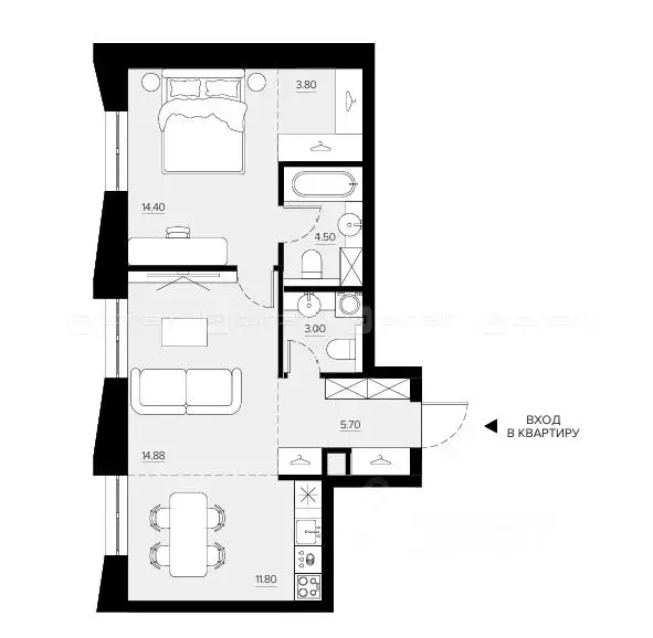 1-к кв. Татарстан, Казань Променад жилой комплекс (58.81 м) - Фото 1