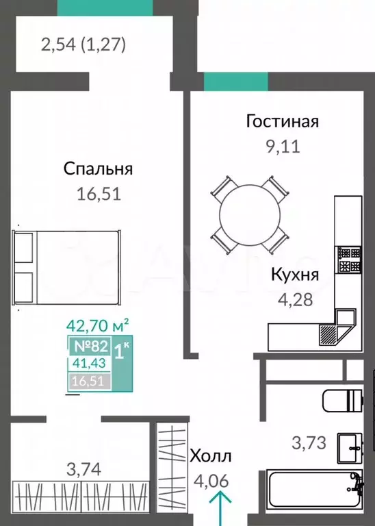 1-к. квартира, 42,7 м, 11/16 эт. - Фото 0