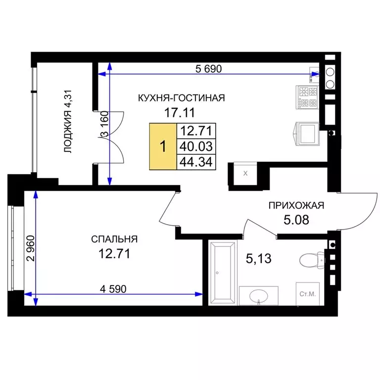 1-комнатная квартира: Гурьевск, жилой комплекс Включи (44.34 м) - Фото 0