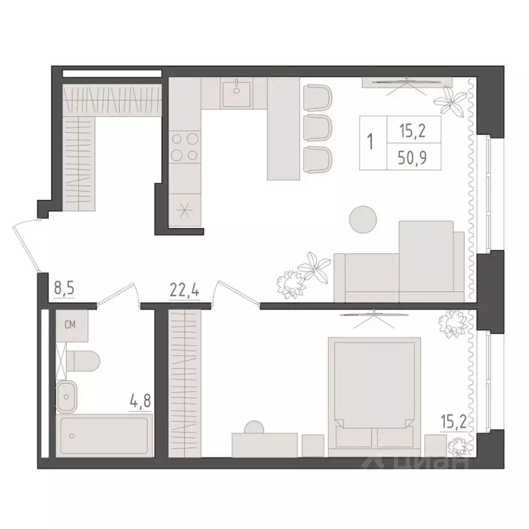 1-к кв. Башкортостан, Уфа 563-й кв-л,  (50.9 м) - Фото 1