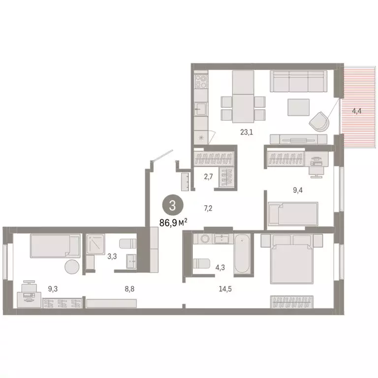 3-комнатная квартира: Омск, Кировский округ (86.9 м) - Фото 2