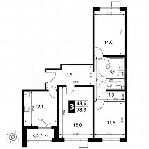 3-к. квартира, 78,9 м, 7/24 эт. - Фото 0