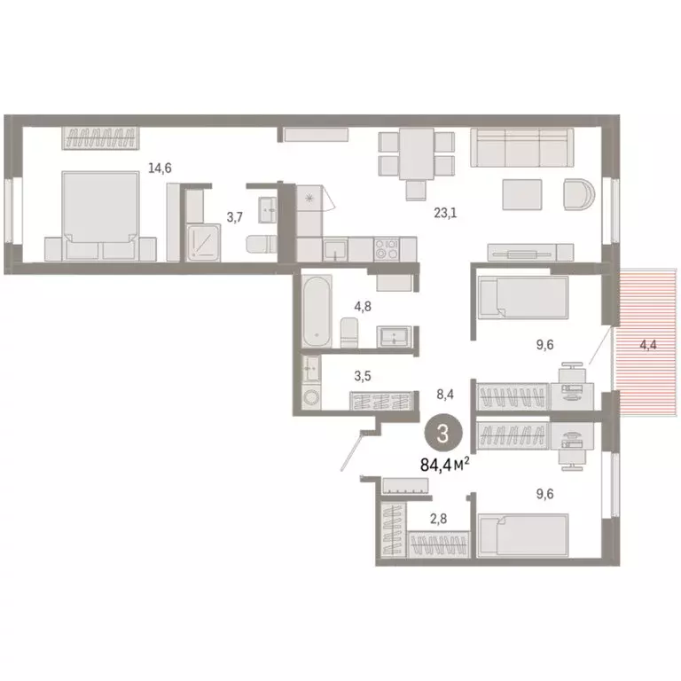 3-комнатная квартира: Омск, Кировский округ (84.38 м) - Фото 1