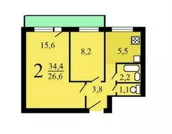 2-комнатная квартира: Одинцово, Молодёжная улица, 1 (34.4 м) - Фото 1