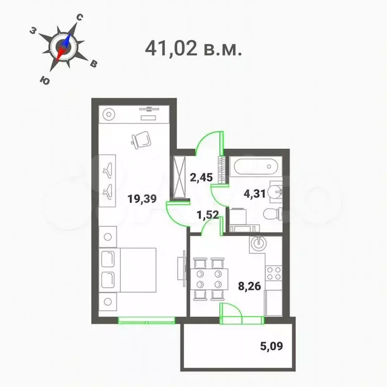 1-к. квартира, 41м, 4/4эт. - Фото 0