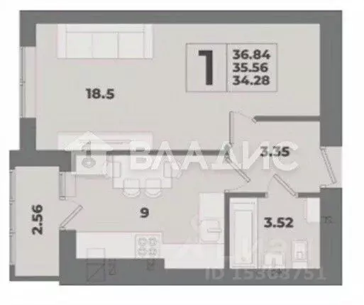 1-к кв. Калининградская область, Калининград ул. Флагманская, 3А (38.0 ... - Фото 2