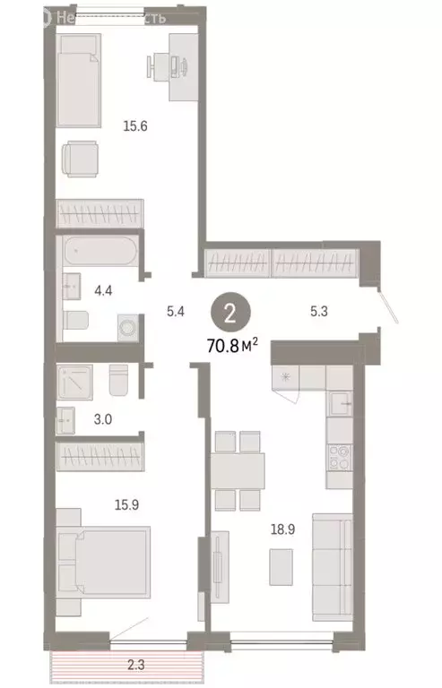 2-комнатная квартира: Тюмень, микрорайон ДОК, ЖК Октябрьский на Туре ... - Фото 2