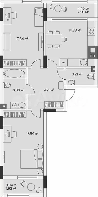 2-к. квартира, 73,3 м, 1/7 эт. - Фото 1