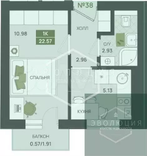 1-к. квартира, 22,6 м, 3/5 эт. - Фото 0