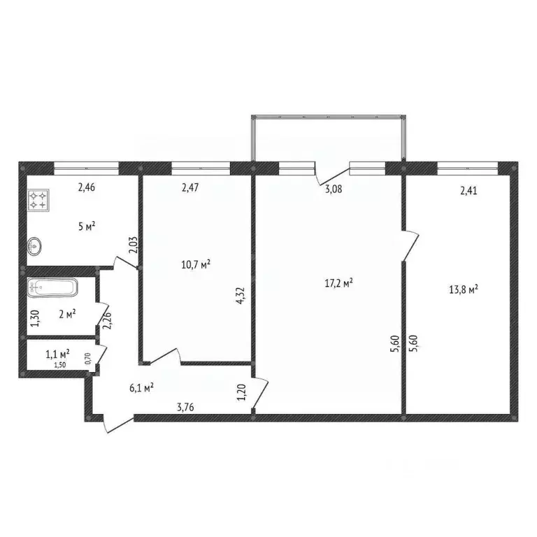 3-к кв. Башкортостан, Уфа ул. Блюхера, 24/1 (57.1 м) - Фото 2