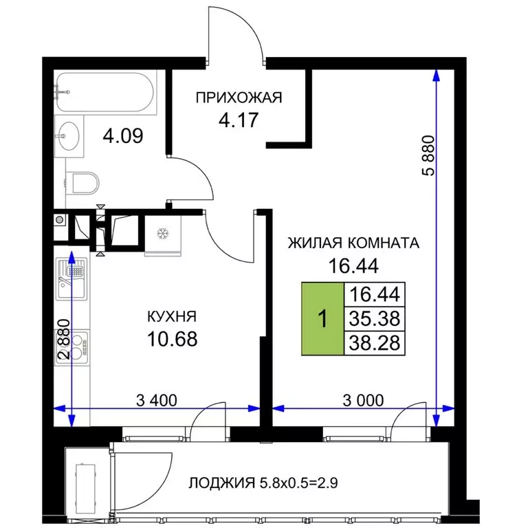 1-комнатная квартира: Краснодар (38.28 м) - Фото 0