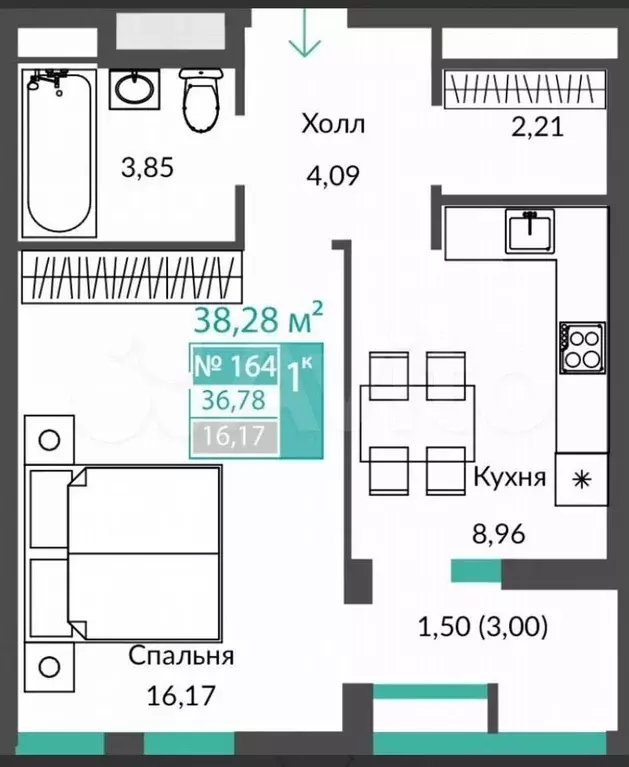 1-к. квартира, 38,8 м, 8/12 эт. - Фото 1