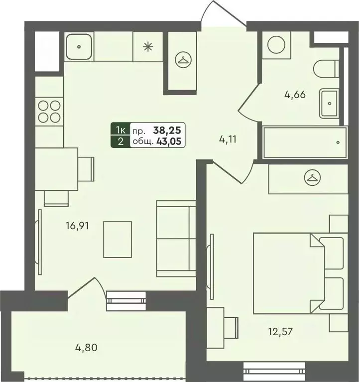 1-к кв. Омская область, Омск Красноярский тракт (43.05 м) - Фото 0