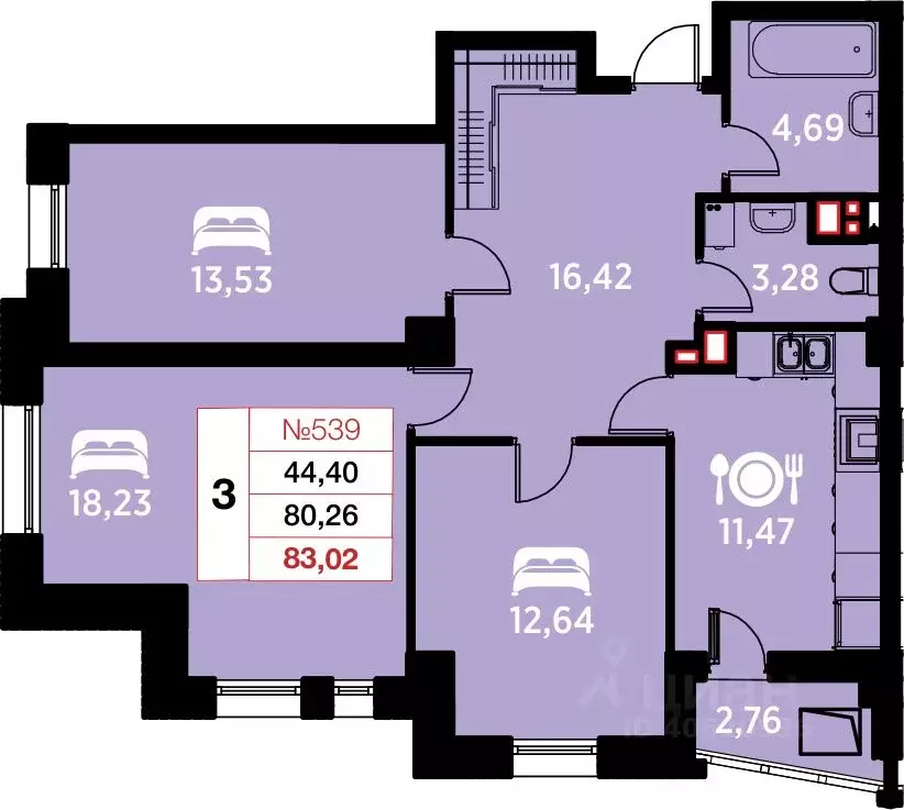 3-к кв. Калининградская область, Калининград ул. Гайдара, 94 (83.02 м) - Фото 0