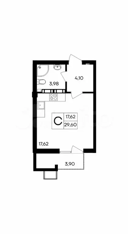 Квартира-студия, 29,6 м, 2/9 эт. - Фото 1