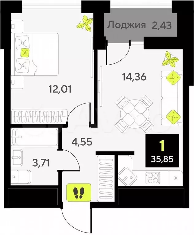 1-к. квартира, 35,9 м, 14/14 эт. - Фото 1