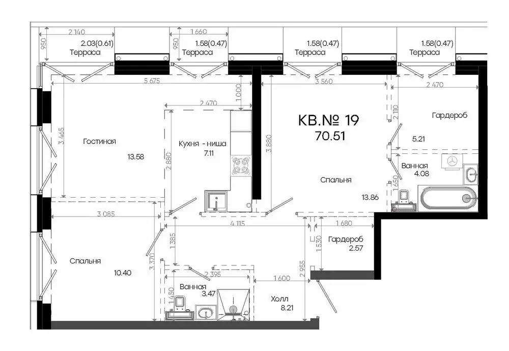 3-комнатная квартира: Казань, ЖК Яналиф (70.51 м) - Фото 1