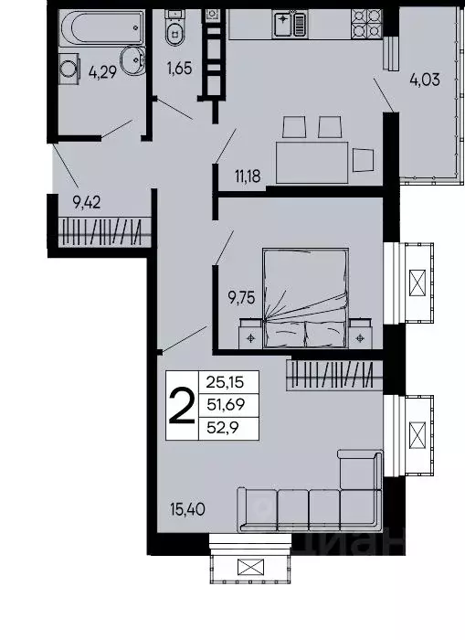2-к кв. Адыгея, Майкоп 9 Мая ул. (52.9 м) - Фото 1