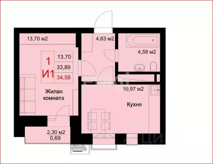 1-к кв. Татарстан, Казань ул. Рауиса Гареева, 78 (34.58 м) - Фото 1