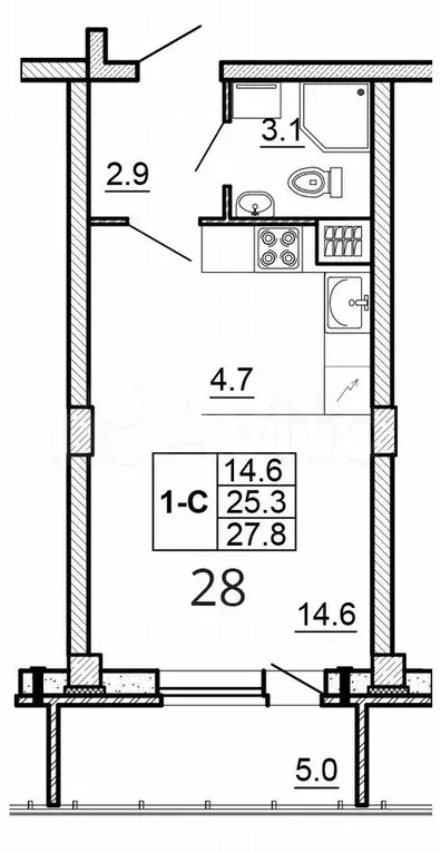 Квартира-студия, 27,8 м, 6/16 эт. - Фото 0