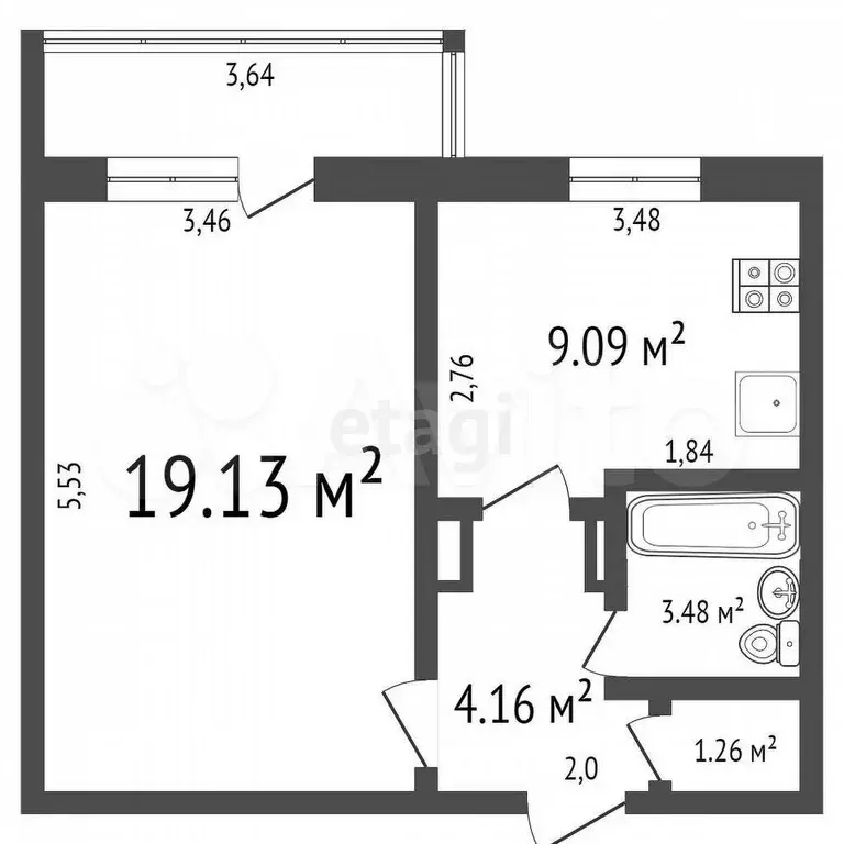 1-к. квартира, 34,6 м, 4/9 эт. - Фото 0