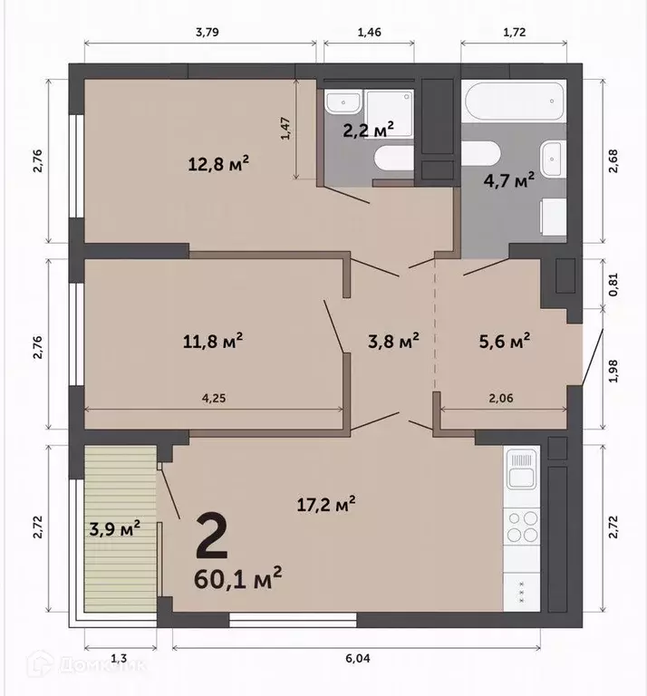 Продаётся 2-к квартира, 60.1 м - Фото 0