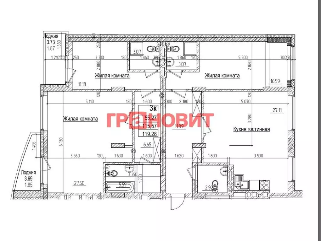 3-комнатная квартира: Новосибирск, улица Дуси Ковальчук, 242 (115 м) - Фото 0