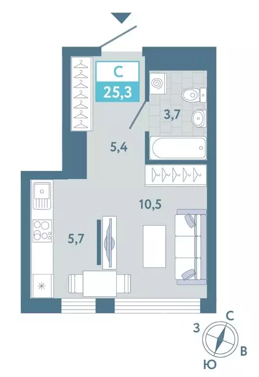 Студия Тюменская область, Тюмень Айрис жилой комплекс (25.3 м) - Фото 1