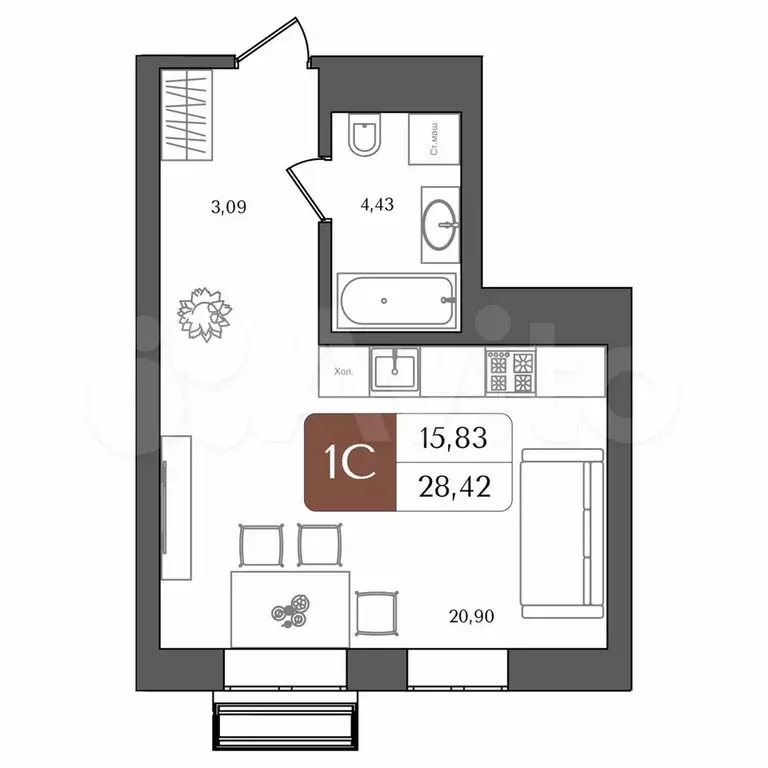 Квартира-студия, 28,4 м, 2/21 эт. - Фото 1