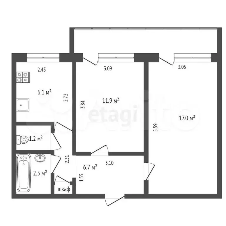 2-к. квартира, 46,4 м, 5/5 эт. - Фото 0