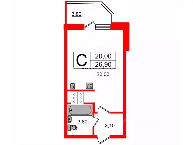 Студия Санкт-Петербург ул. Русановская, 9 (26.9 м) - Фото 1