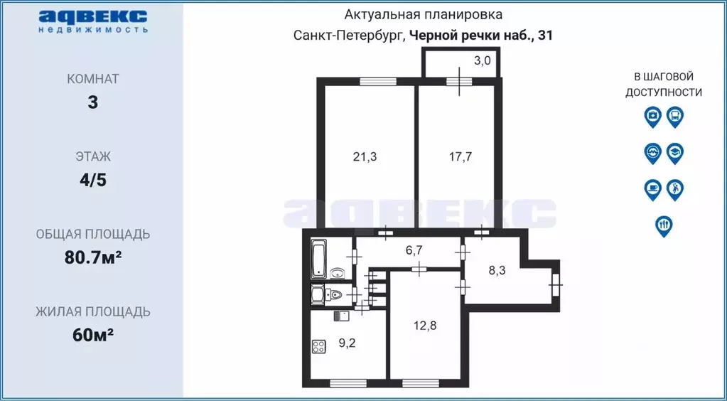 3-к кв. Санкт-Петербург наб. Черной речки, 31 (80.7 м) - Фото 1