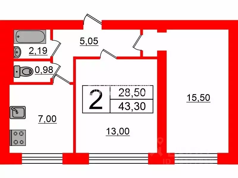 2-к кв. Санкт-Петербург бул. Новаторов, 22 (43.3 м) - Фото 1