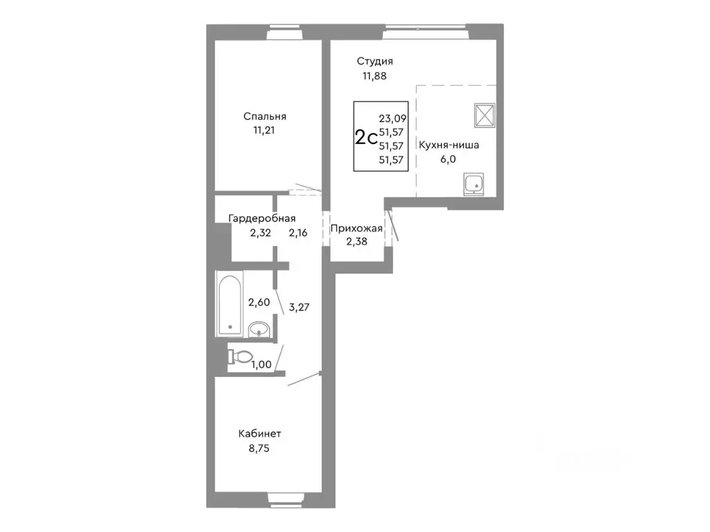 2-к кв. Челябинская область, Челябинск Нефтебазовая ул., 1-13 (51.57 ... - Фото 1