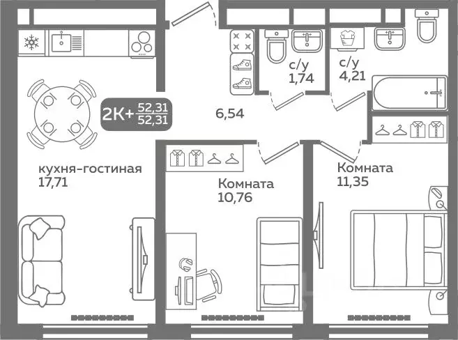 2-к кв. Тюменская область, Тюмень ул. Заполярная, 9/2 (52.31 м) - Фото 0