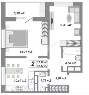 Продаётся 2-к квартира, 51.52 м - Фото 1
