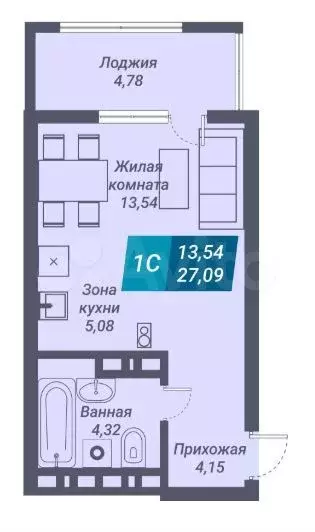Квартира-студия, 27,1 м, 8/25 эт. - Фото 1