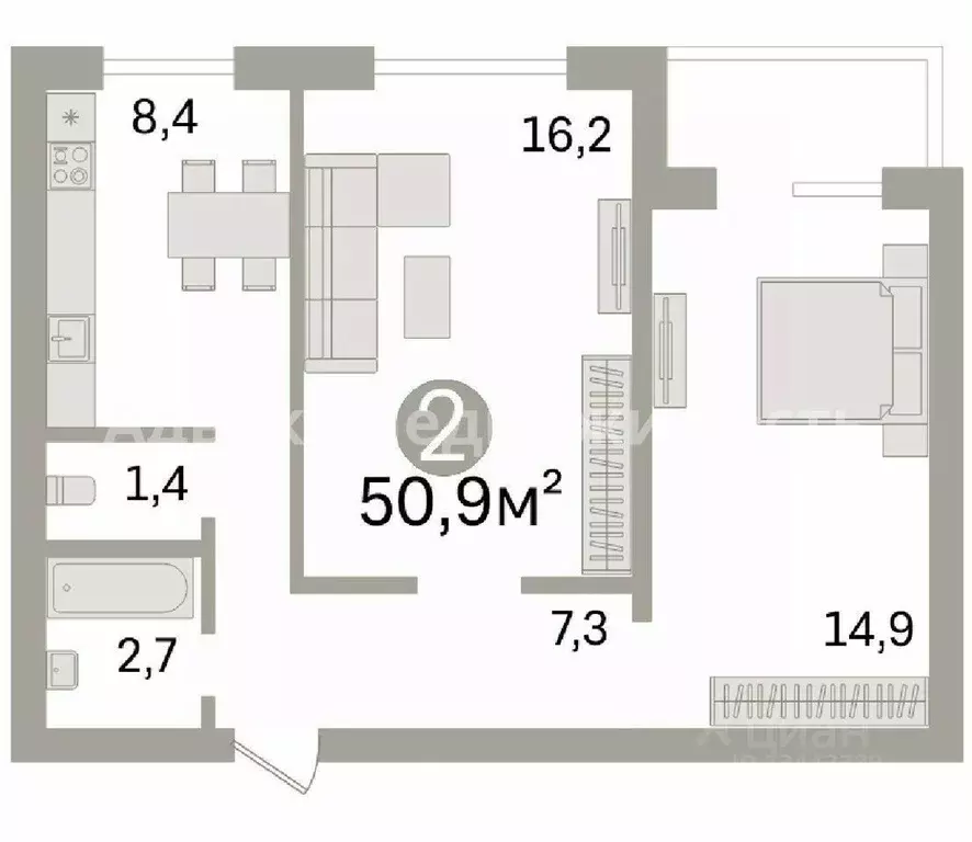 2-к кв. тюменская область, тюмень ул. вересковая, 19 (50.0 м) - Фото 1