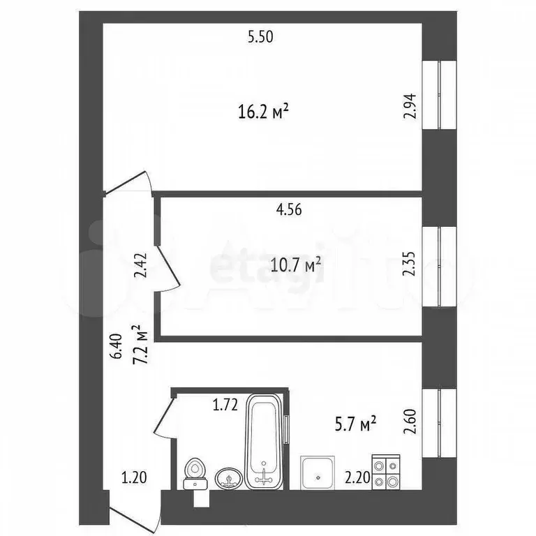 2-к. квартира, 43 м, 2/2 эт. - Фото 0